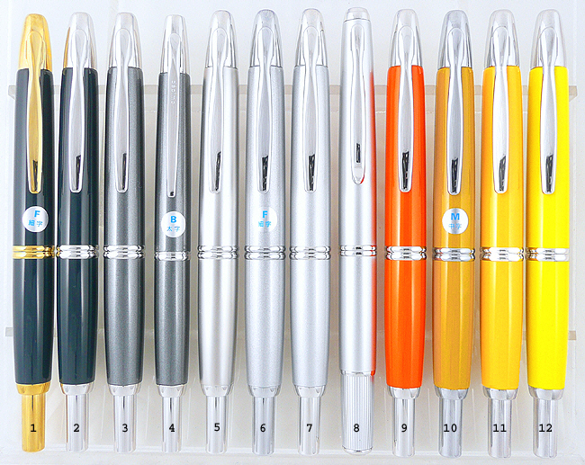 Pilot/Namiki Vanishing Point Capless fountain pens in gray, gun metal gray, slate gray, rhodium, diamond silver, orange, mustard yellow, yellow & mandarin yellow.